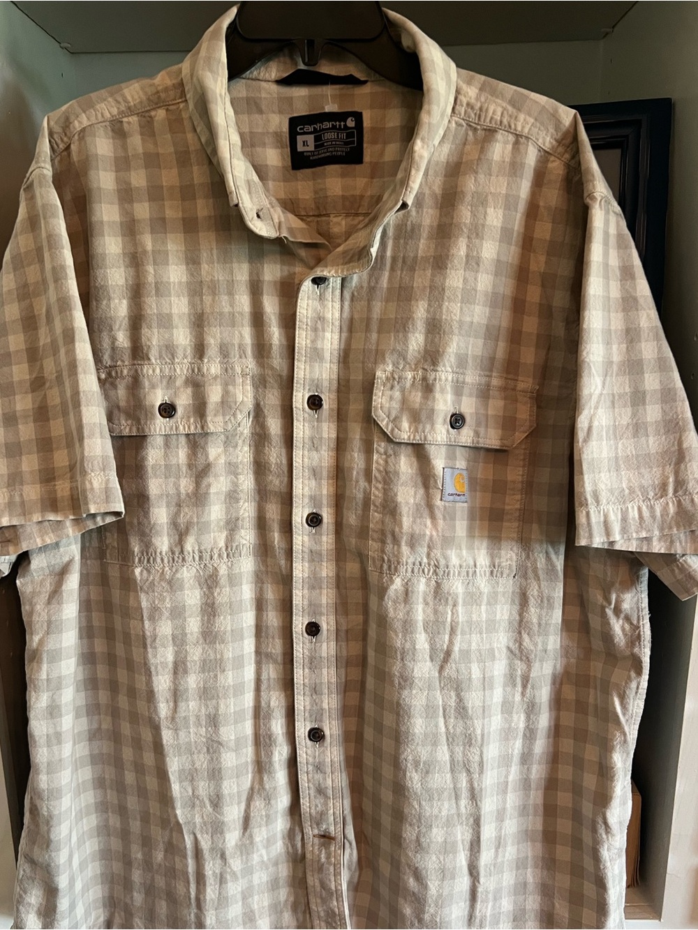 Carhartt Men’s Tan Beige Plaid Short-Sleeve Button-Down Shirt XL